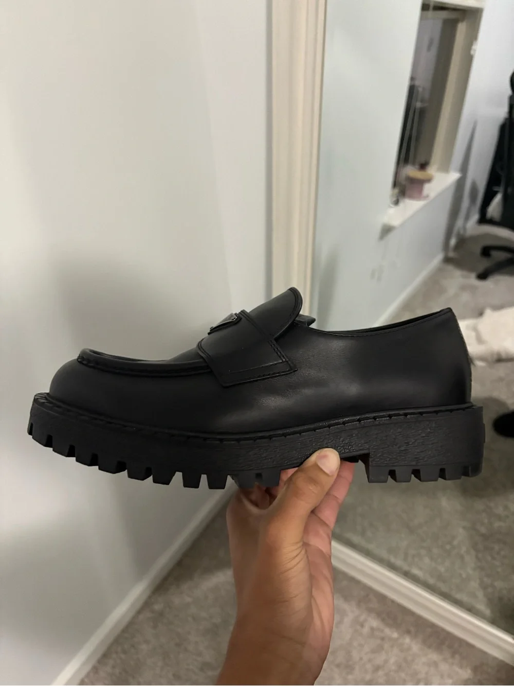 Prada Black Leather Lug-Sole Slip-On Loafers